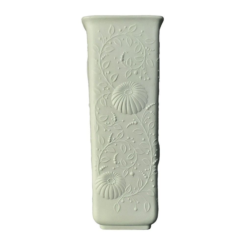 Vtg Kaiser Porcelain Bisque Embossed Floral Vase 9.5" White Tall Square #548